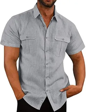 Mens Cotton Linen T-Shirts Shirts Casual Summer Beach Button Down Short Sleeve Shirts Business Work Office Dress Shirts