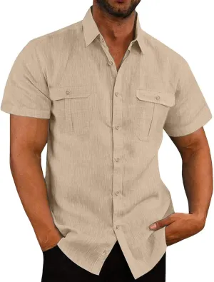 Mens Cotton Linen T-Shirts Shirts Casual Summer Beach Button Down Short Sleeve Shirts Business Work Office Dress Shirts