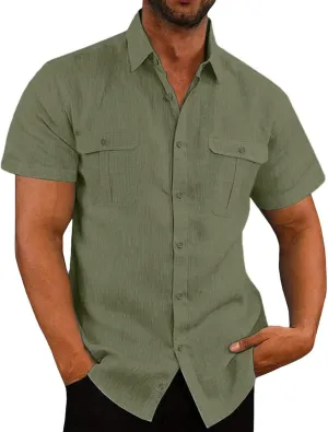 Mens Cotton Linen T-Shirts Shirts Casual Summer Beach Button Down Short Sleeve Shirts Business Work Office Dress Shirts