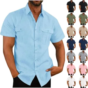 Mens Cotton Linen T-Shirts Shirts Casual Summer Beach Button Down Short Sleeve Shirts Business Work Office Dress Shirts
