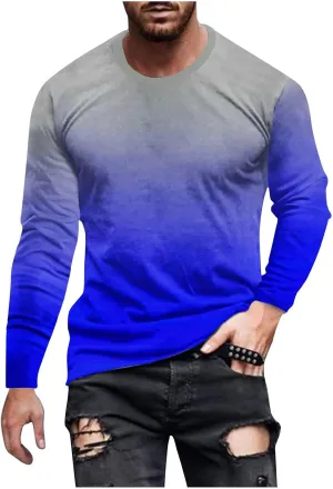 Men's Fashion Gradient Printed Shirts Long Sleeve Round Neck Pullover Athletic Workout Shirts Running Sport Shirts