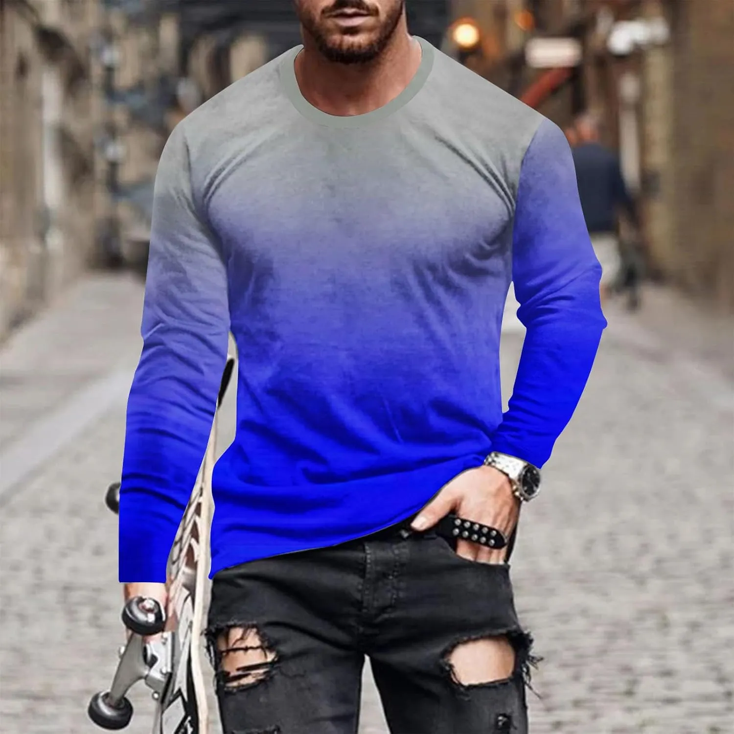 Men's Fashion Gradient Printed Shirts Long Sleeve Round Neck Pullover Athletic Workout Shirts Running Sport Shirts