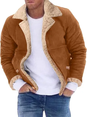 Mens Faux Suede Bomber Jackets Winter Warm Sherpa Lined Button Down Aviator Leather Jackets with Fur Collar Outerwear