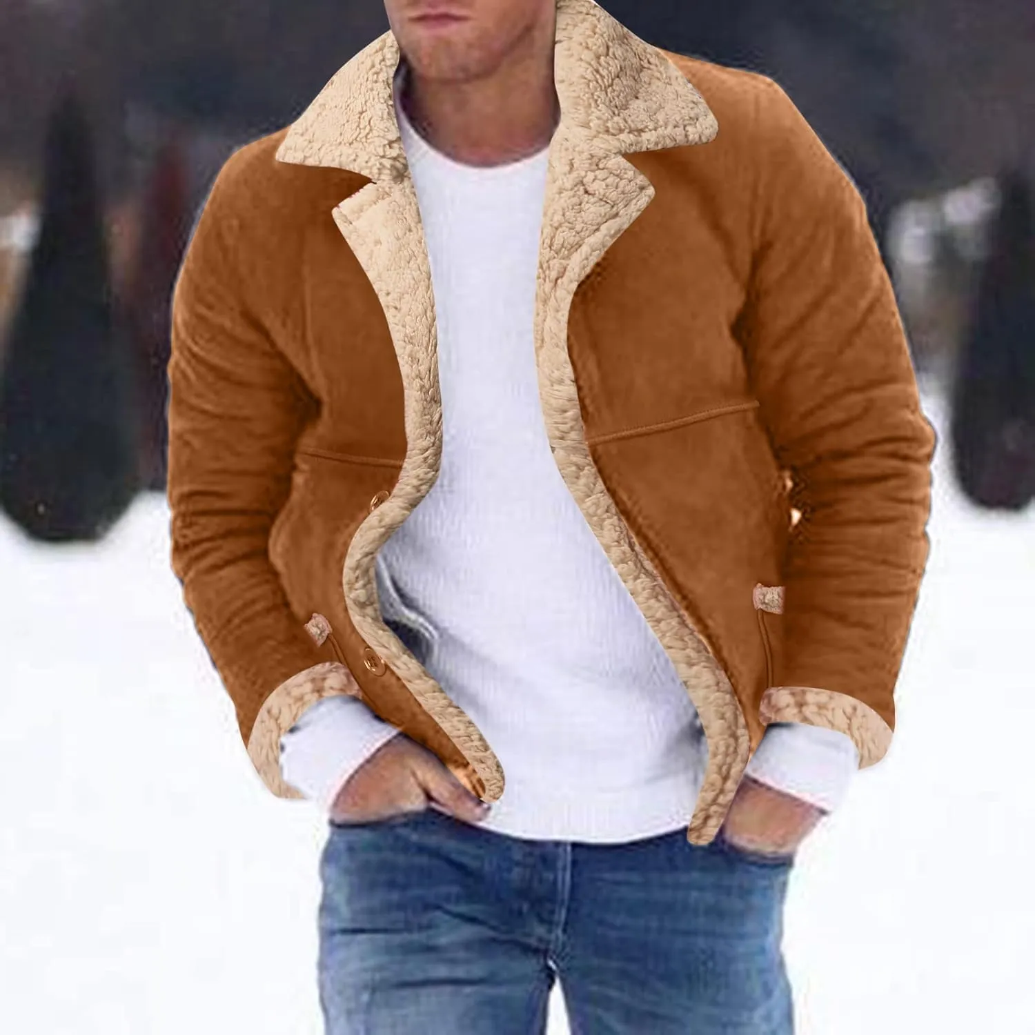 Mens Faux Suede Bomber Jackets Winter Warm Sherpa Lined Button Down Aviator Leather Jackets with Fur Collar Outerwear