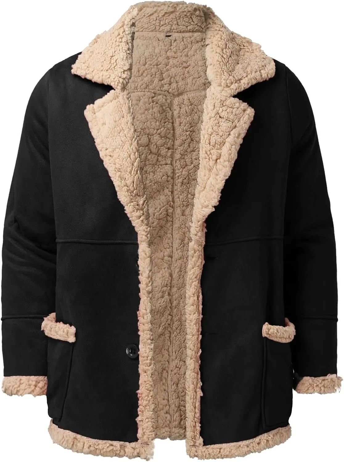 Mens Faux Suede Bomber Jackets Winter Warm Sherpa Lined Button Down Aviator Leather Jackets with Fur Collar Outerwear