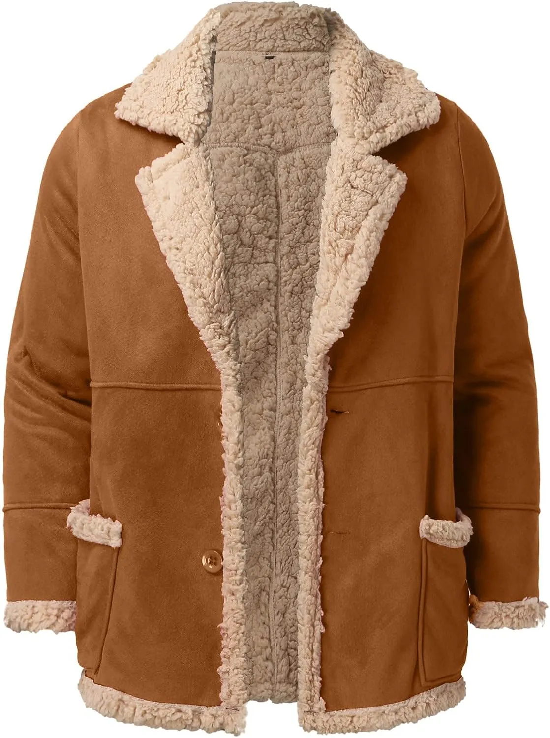Mens Faux Suede Bomber Jackets Winter Warm Sherpa Lined Button Down Aviator Leather Jackets with Fur Collar Outerwear
