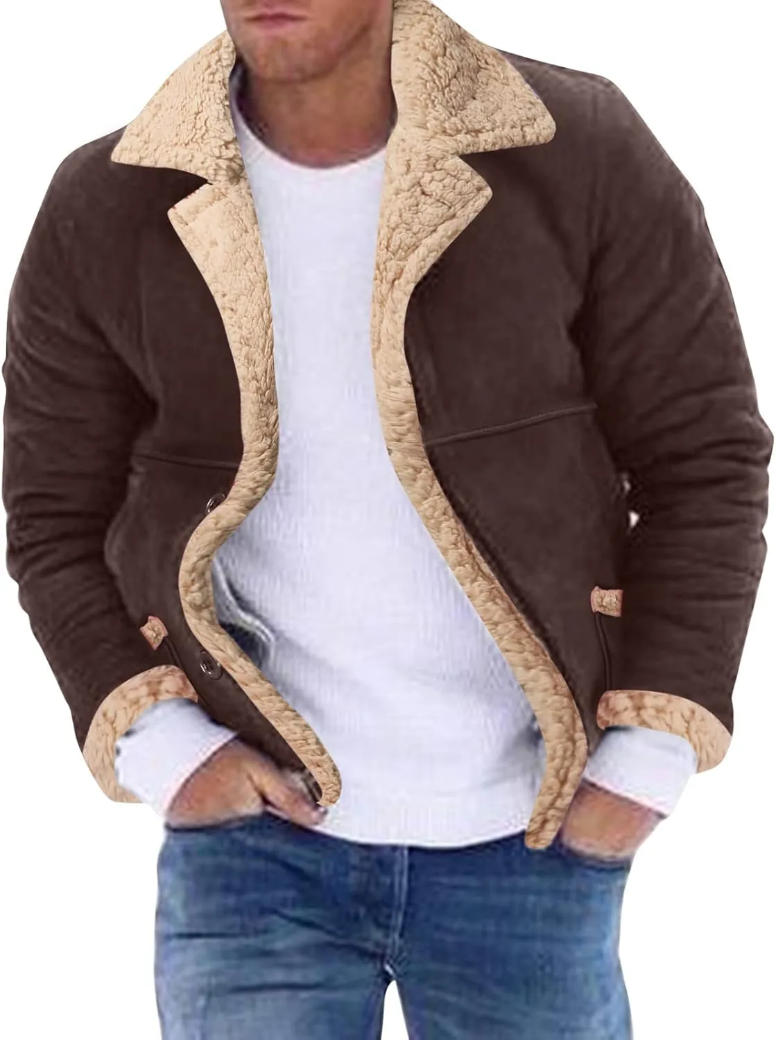Mens Faux Suede Bomber Jackets Winter Warm Sherpa Lined Button Down Aviator Leather Jackets with Fur Collar Outerwear