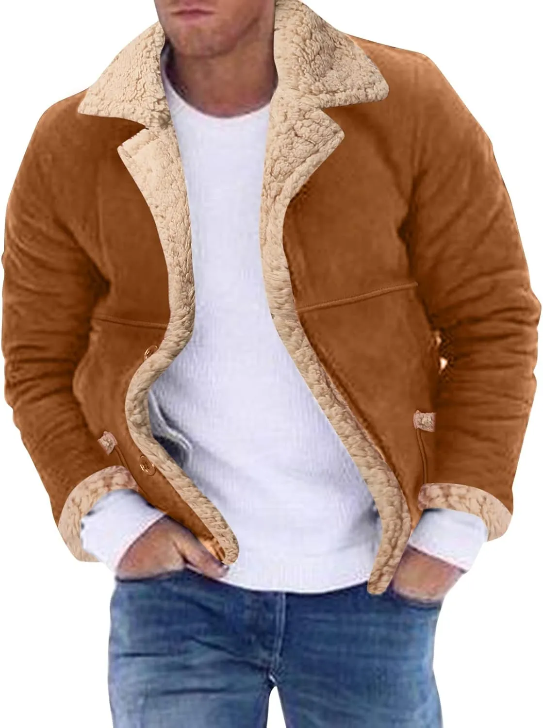 Mens Faux Suede Bomber Jackets Winter Warm Sherpa Lined Button Down Aviator Leather Jackets with Fur Collar Outerwear