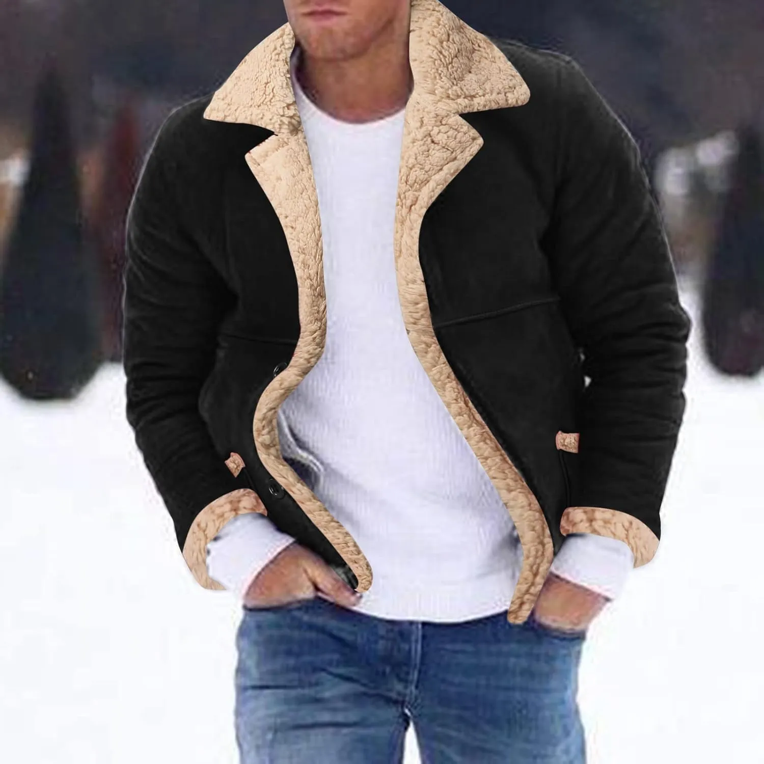 Mens Faux Suede Bomber Jackets Winter Warm Sherpa Lined Button Down Aviator Leather Jackets with Fur Collar Outerwear