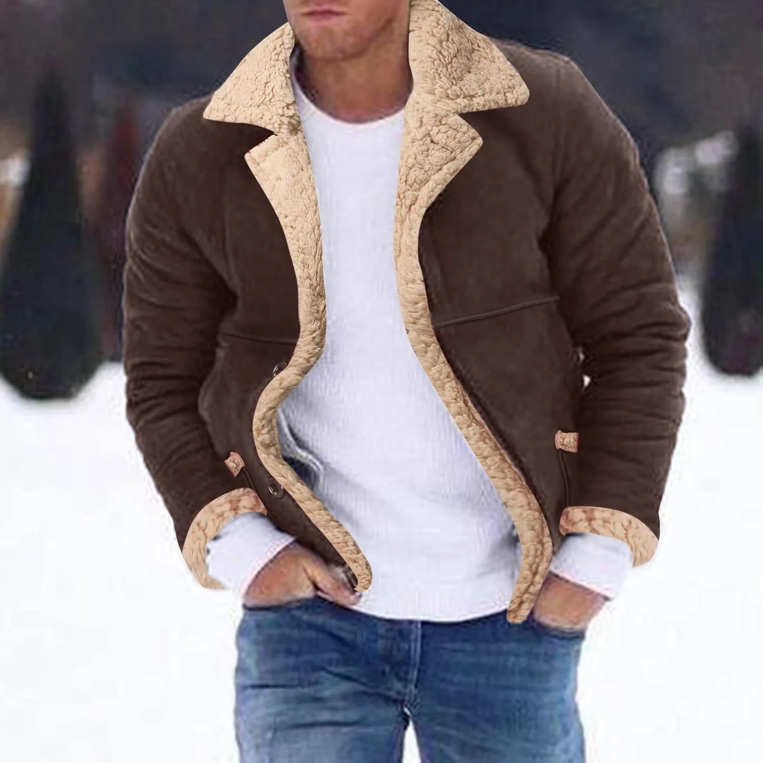 Mens Faux Suede Bomber Jackets Winter Warm Sherpa Lined Button Down Aviator Leather Jackets with Fur Collar Outerwear