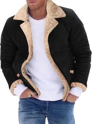 Mens Faux Suede Bomber Jackets Winter Warm Sherpa Lined Button Down Aviator Leather Jackets with Fur Collar Outerwear