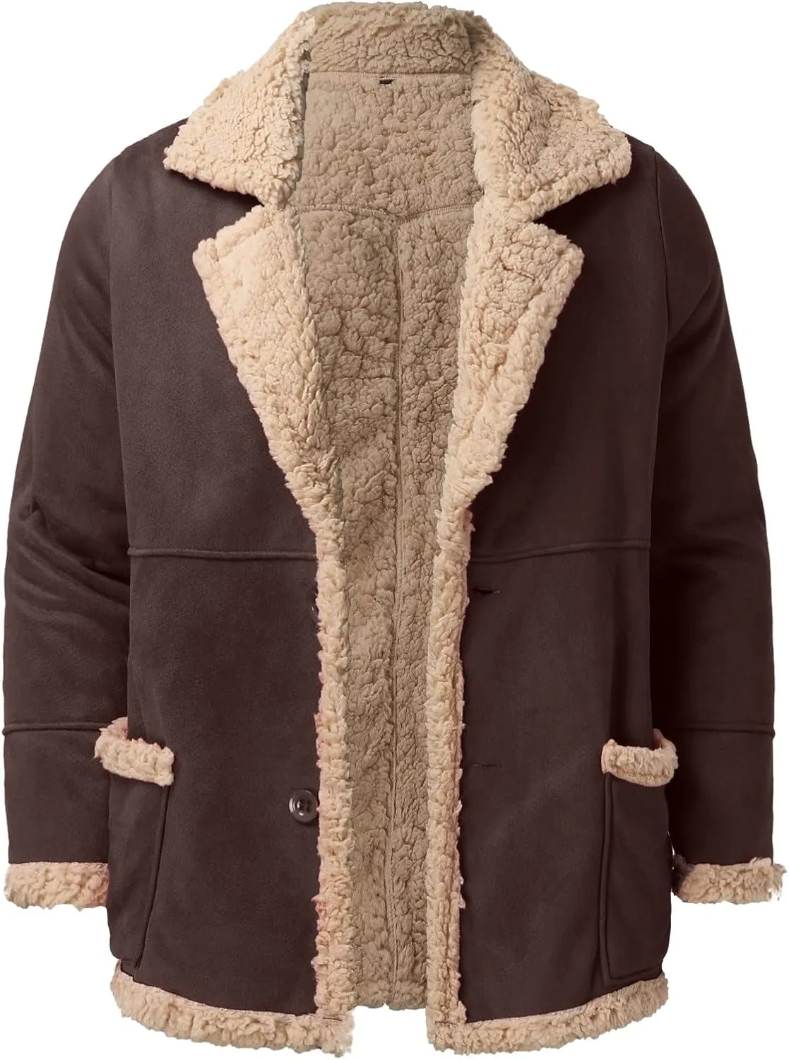 Mens Faux Suede Bomber Jackets Winter Warm Sherpa Lined Button Down Aviator Leather Jackets with Fur Collar Outerwear