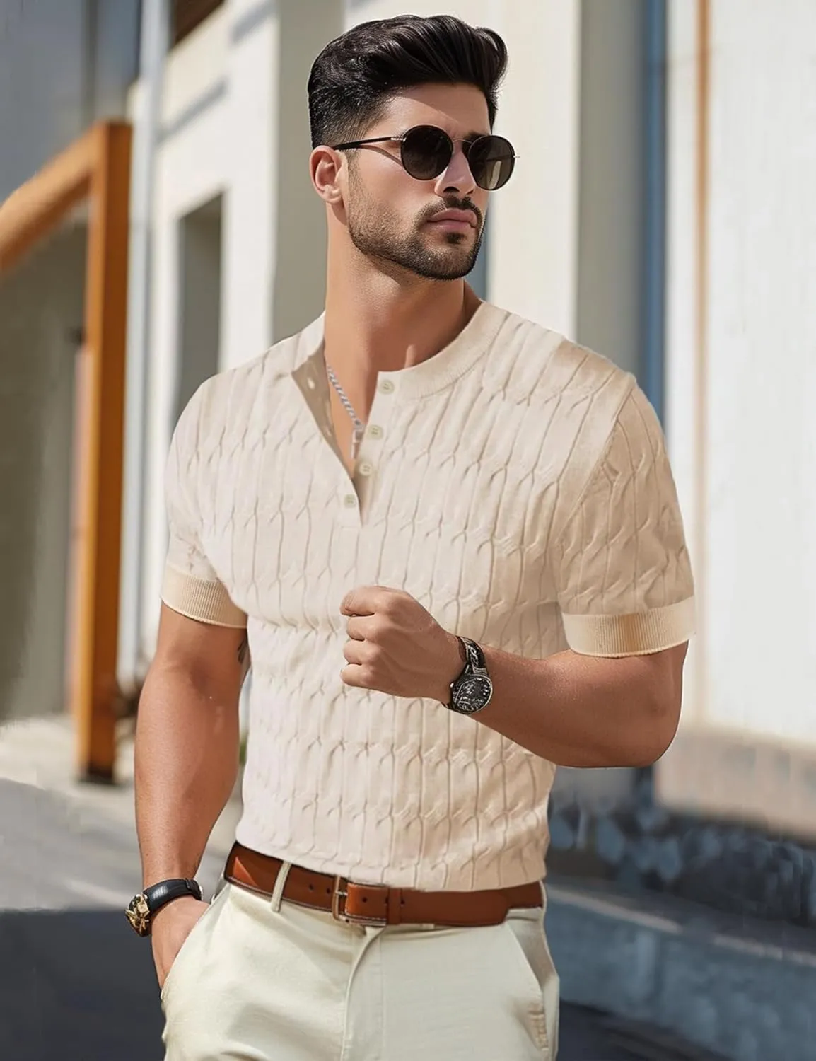 Men's Knit Polo Shirts Short Sleeve Texture Henley Shirts Knitted T-Shirts Casual Lightweight Golf Shirts