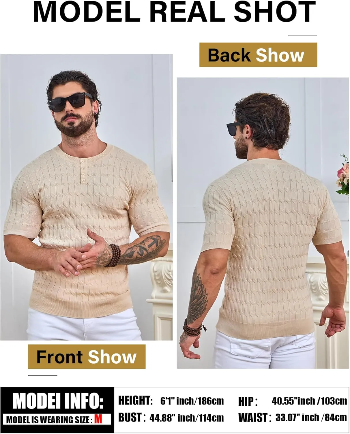 Men's Knit Polo Shirts Short Sleeve Texture Henley Shirts Knitted T-Shirts Casual Lightweight Golf Shirts