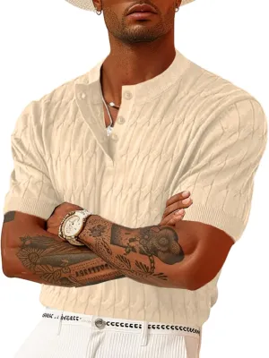 Men's Knit Polo Shirts Short Sleeve Texture Henley Shirts Knitted T-Shirts Casual Lightweight Golf Shirts