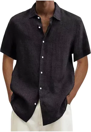 Mens Linen Shirts Casual Short Sleeve Summer Beach Shirts Loose Fit Cotton Linen Shirts Resort Clothings