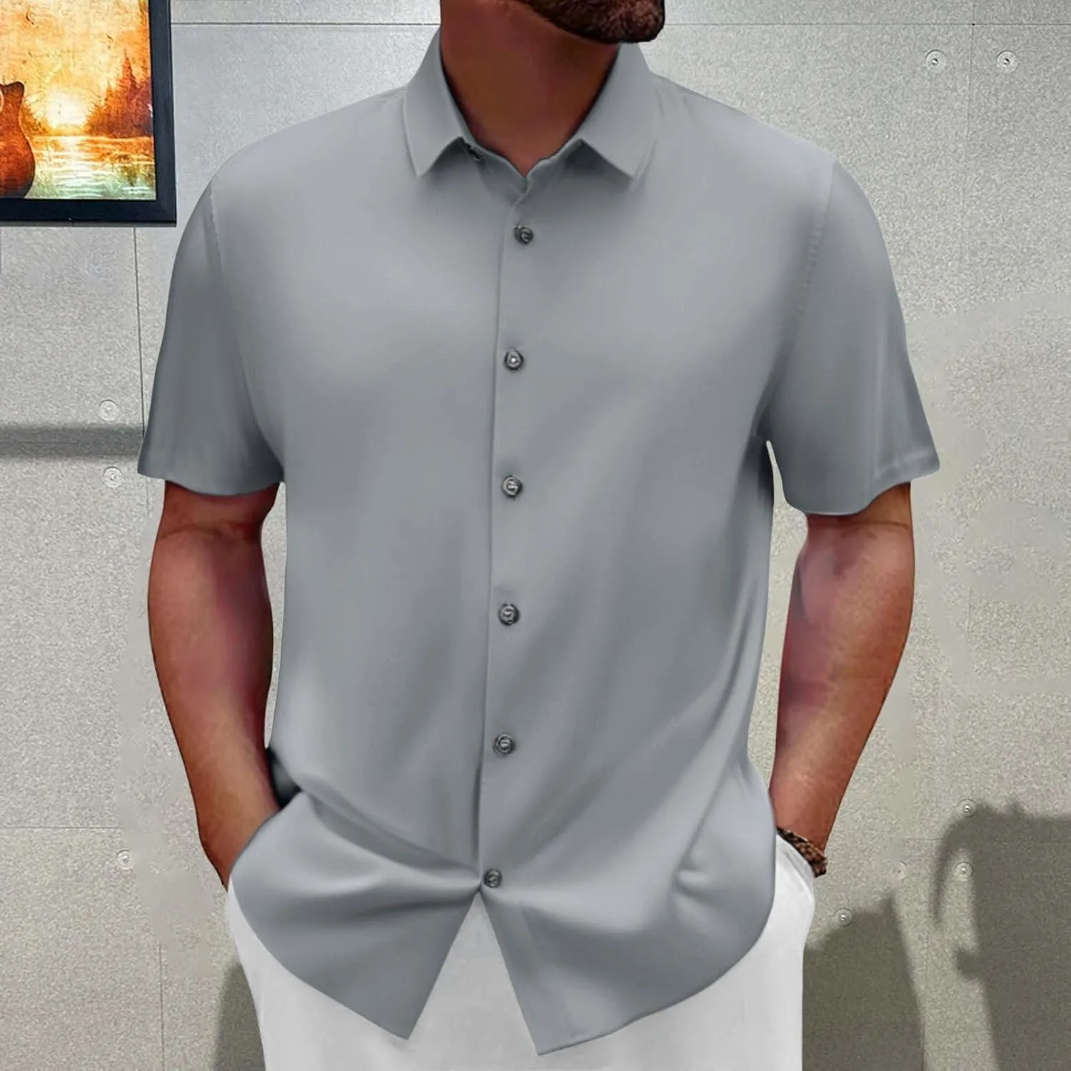 Mens Linen Shirts Short Sleeve Casual Pullover Wrinkle Shirts Summer Beach Linen Hawaiian Shirts