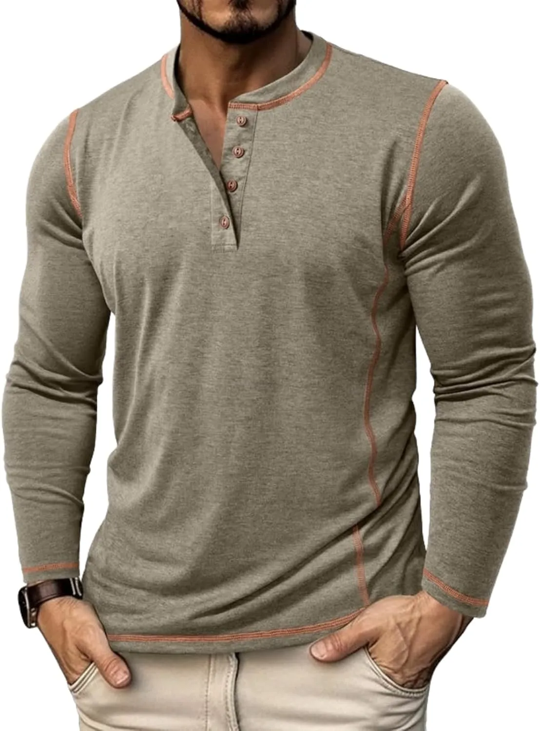 Mens Long Sleeve Tee Shirts Casual Basic Henley Shirts Lightweight Cotton Soft T-Shirts