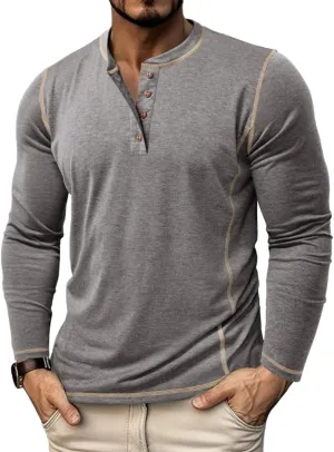 Mens Long Sleeve Tee Shirts Casual Basic Henley Shirts Lightweight Cotton Soft T-Shirts