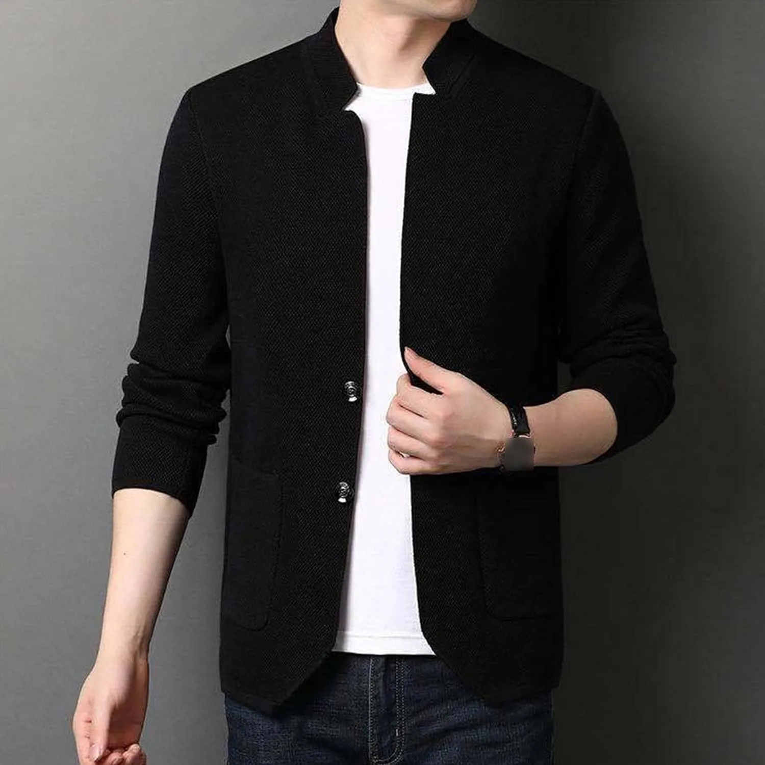 Mens Notch Collar Cardigans Sweaters Classic Casual Knit Textured Sweater Button Down Sweatshirt Cardigans