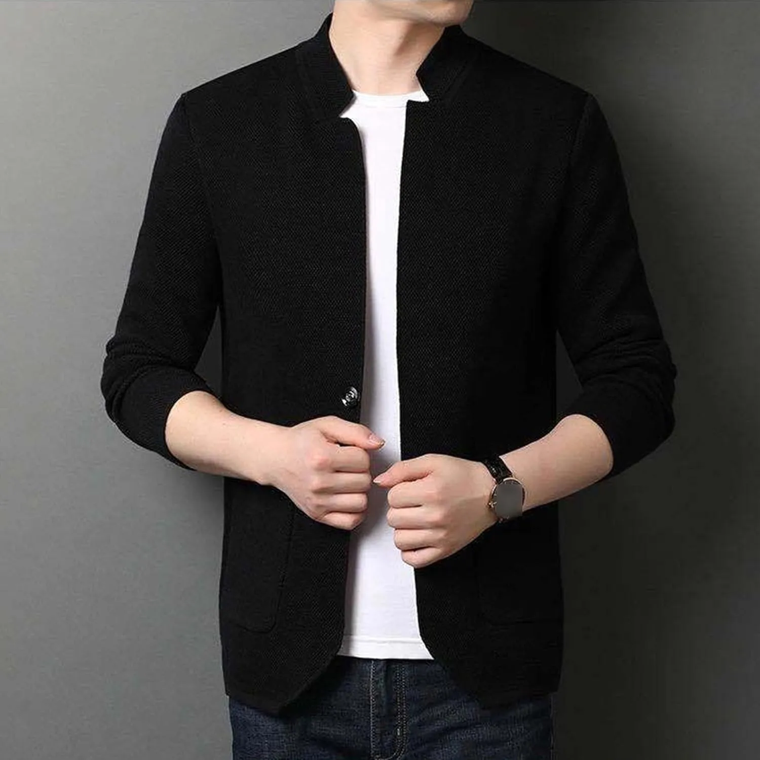Mens Notch Collar Cardigans Sweaters Classic Casual Knit Textured Sweater Button Down Sweatshirt Cardigans