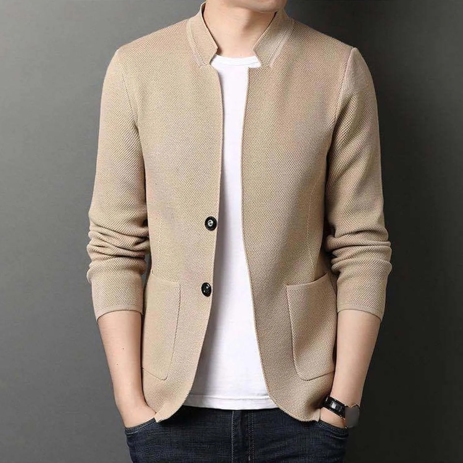 Mens Notch Collar Cardigans Sweaters Classic Casual Knit Textured Sweater Button Down Sweatshirt Cardigans