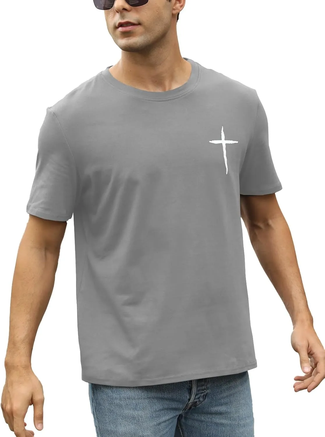 Mens Short Sleeve Cotton T-Shirts Crew Neck Jesus Cross Printed Shirts Faith Christ Shirts