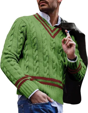 Men's Striped Knitted Pullover Slim Fit Knits Pullover Sweaters V Neck Stripes Male Long Sleeve Knit Sweater