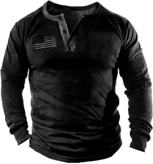 Mens Vintage Henley Shirts Relaxed Fit Patriotic Shirts Long Sleeve Button Down T-Shirts