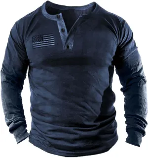 Mens Vintage Henley Shirts Relaxed Fit Patriotic Shirts Long Sleeve Button Down T-Shirts