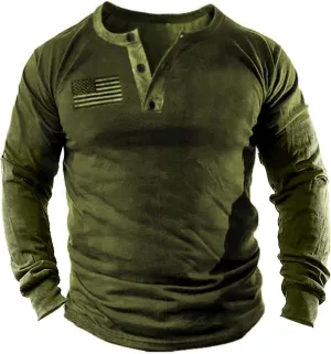Mens Vintage Henley Shirts Relaxed Fit Patriotic Shirts Long Sleeve Button Down T-Shirts