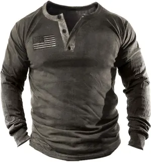 Mens Vintage Henley Shirts Relaxed Fit Patriotic Shirts Long Sleeve Button Down T-Shirts