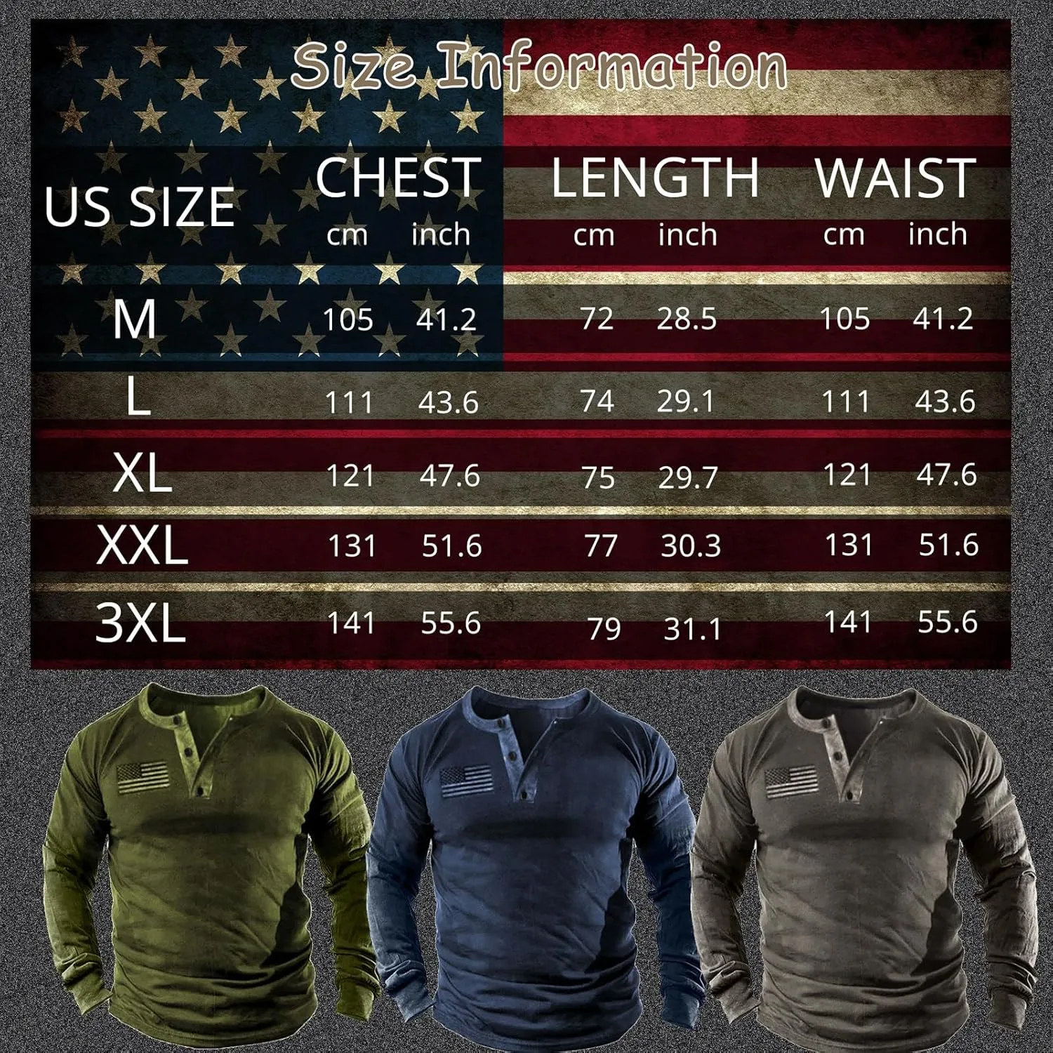Mens Vintage Henley Shirts Relaxed Fit Patriotic Shirts Long Sleeve Button Down T-Shirts