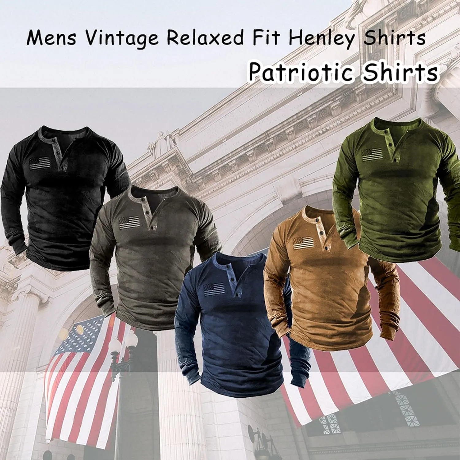 Mens Vintage Henley Shirts Relaxed Fit Patriotic Shirts Long Sleeve Button Down T-Shirts