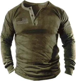 Mens Vintage Henley Shirts Relaxed Fit Patriotic Shirts Long Sleeve Button Down T-Shirts