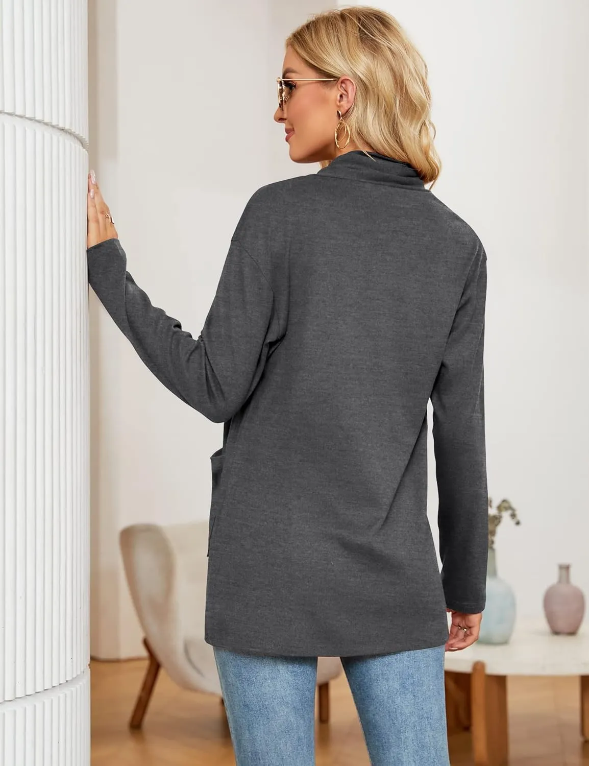 Micoson Women's Long Sleeve Open Front Cardigan Casual Loose Lightweight Cardigans with Pockets