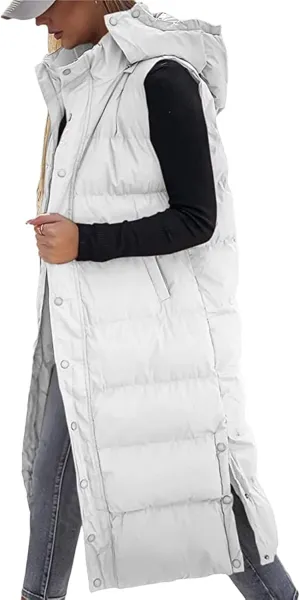 Mmoneyake Long Puffer Vest Women with Hood 2024 Button Zip Up Sleeveless Vests Quilted Puffer Down Jacket Winter Long Coats