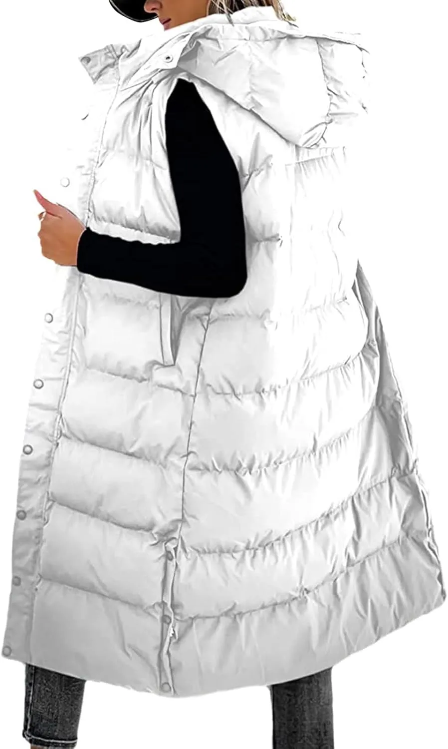 Mmoneyake Long Puffer Vest Women with Hood 2024 Button Zip Up Sleeveless Vests Quilted Puffer Down Jacket Winter Long Coats
