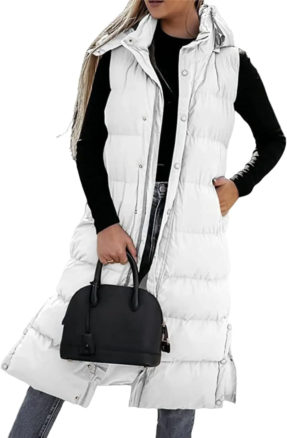Mmoneyake Long Puffer Vest Women with Hood 2024 Button Zip Up Sleeveless Vests Quilted Puffer Down Jacket Winter Long Coats
