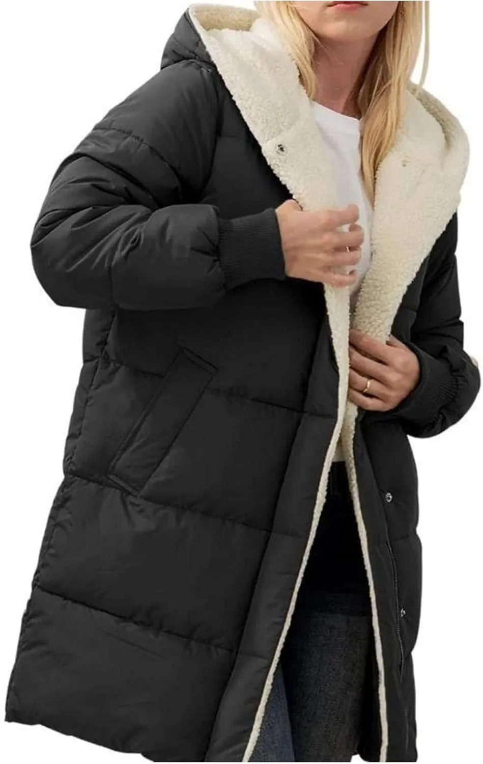 Mmoneyake Womens Winter Warm Coats Sherpa Fleece Lined Long Hooded Puffer Jacket Thickened Down Jacket Snow Parka Outwear