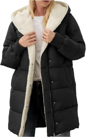 Mmoneyake Womens Winter Warm Coats Sherpa Fleece Lined Long Hooded Puffer Jacket Thickened Down Jacket Snow Parka Outwear