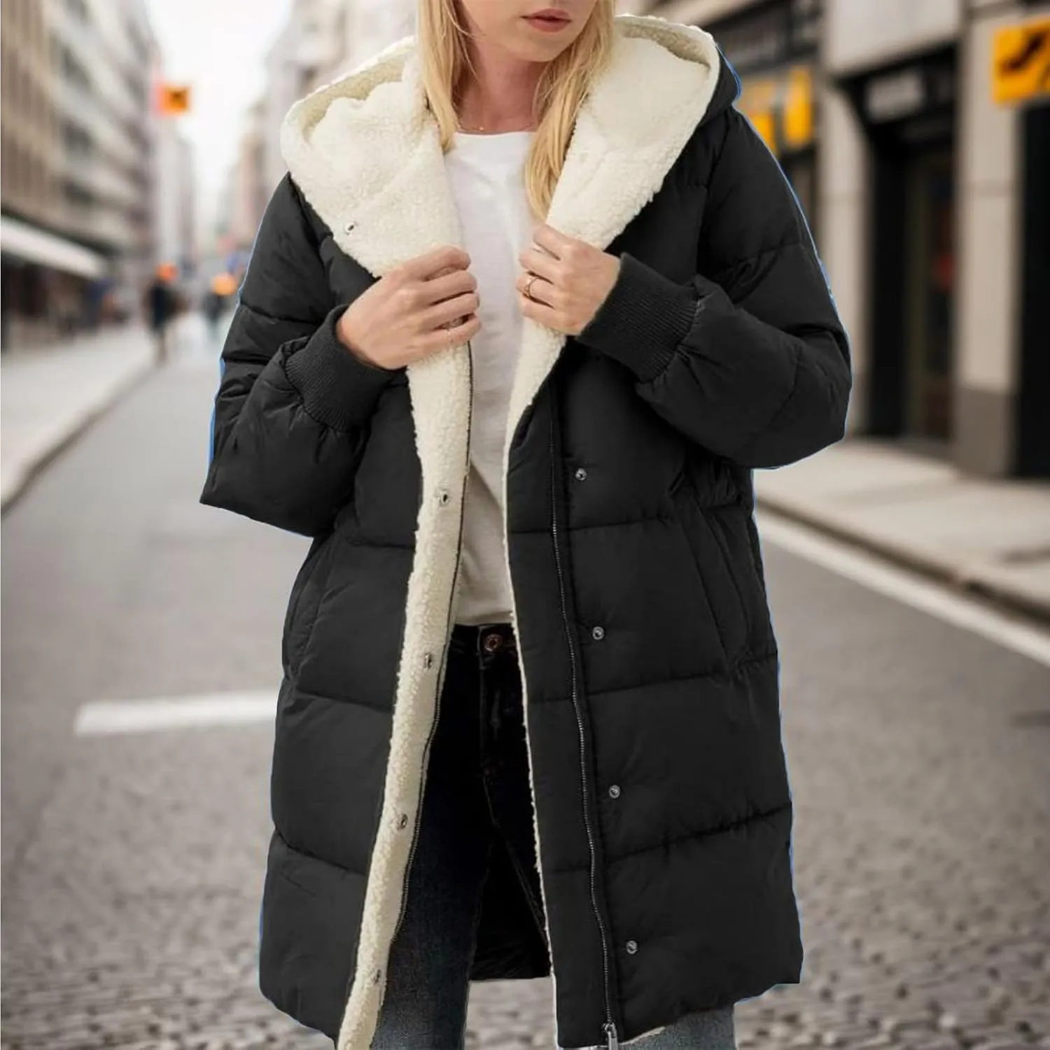 Mmoneyake Womens Winter Warm Coats Sherpa Fleece Lined Long Hooded Puffer Jacket Thickened Down Jacket Snow Parka Outwear