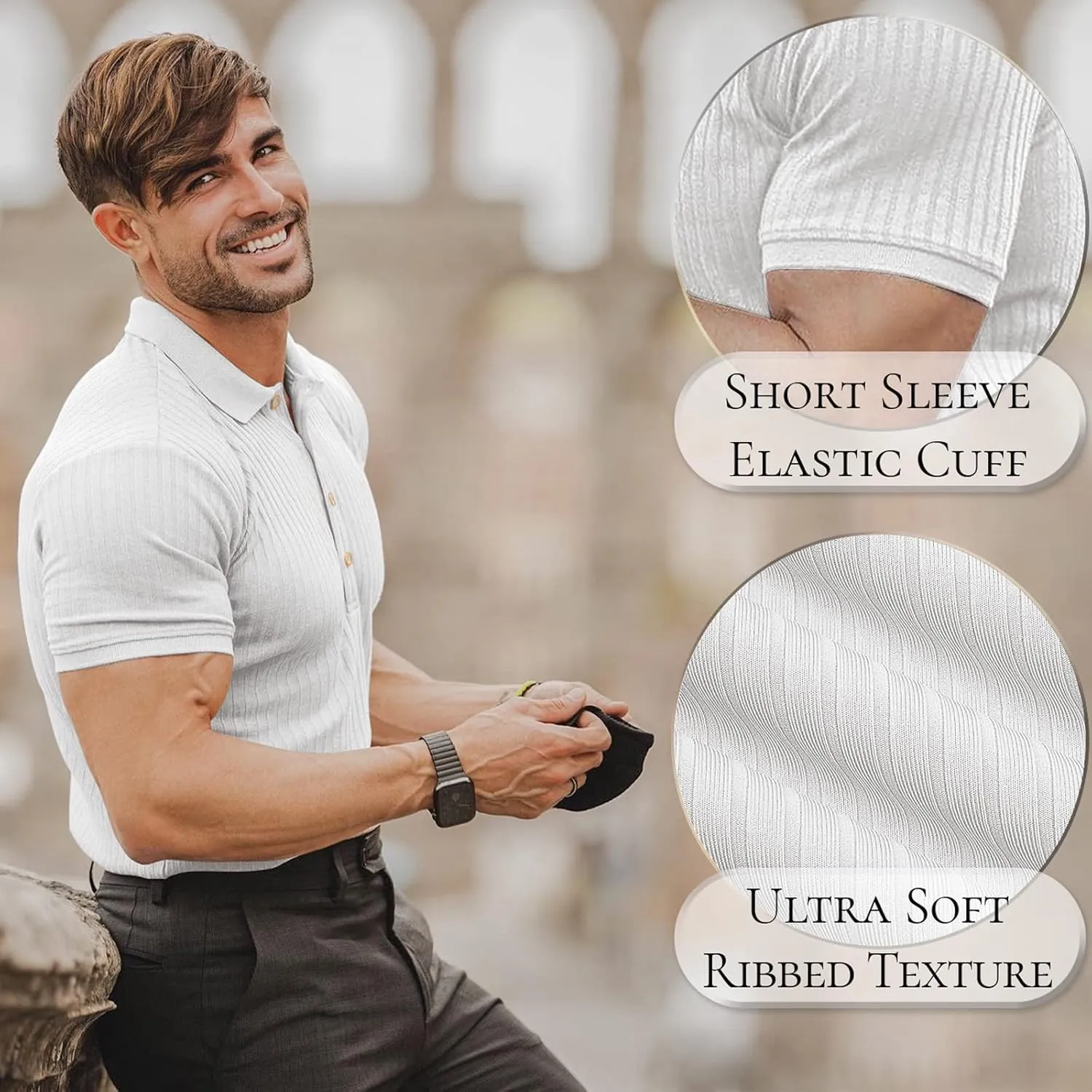 Muscle Polo Shirts for Men Short Sleeve Slim Fit Golf Shirts for Men Casual Dry Fit T Shirts Ribbed Knit Bowling Shirts