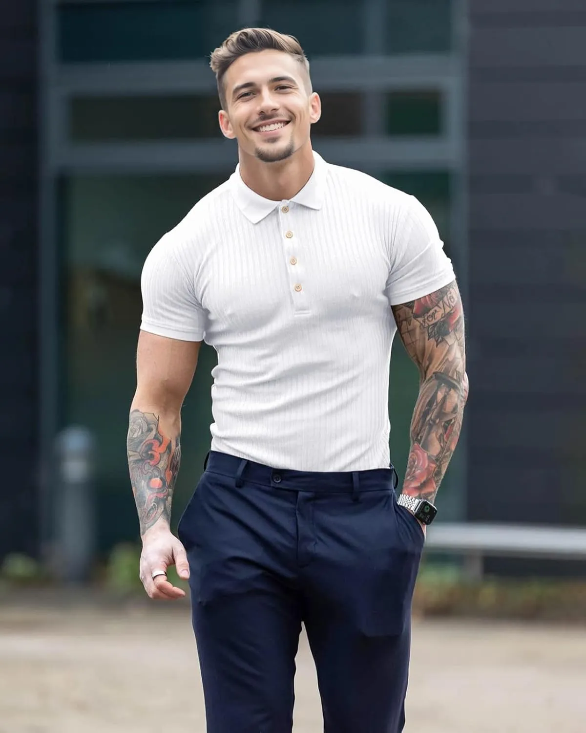 Muscle Polo Shirts for Men Short Sleeve Slim Fit Golf Shirts for Men Casual Dry Fit T Shirts Ribbed Knit Bowling Shirts