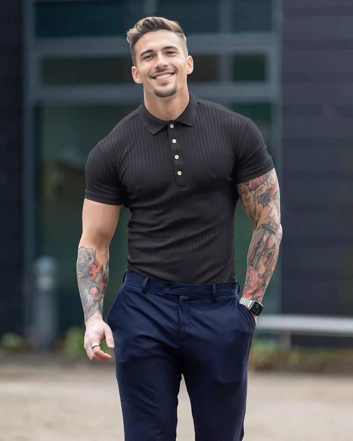 Muscle Polo Shirts for Men Short Sleeve Slim Fit Golf Shirts for Men Casual Dry Fit T Shirts Ribbed Knit Bowling Shirts