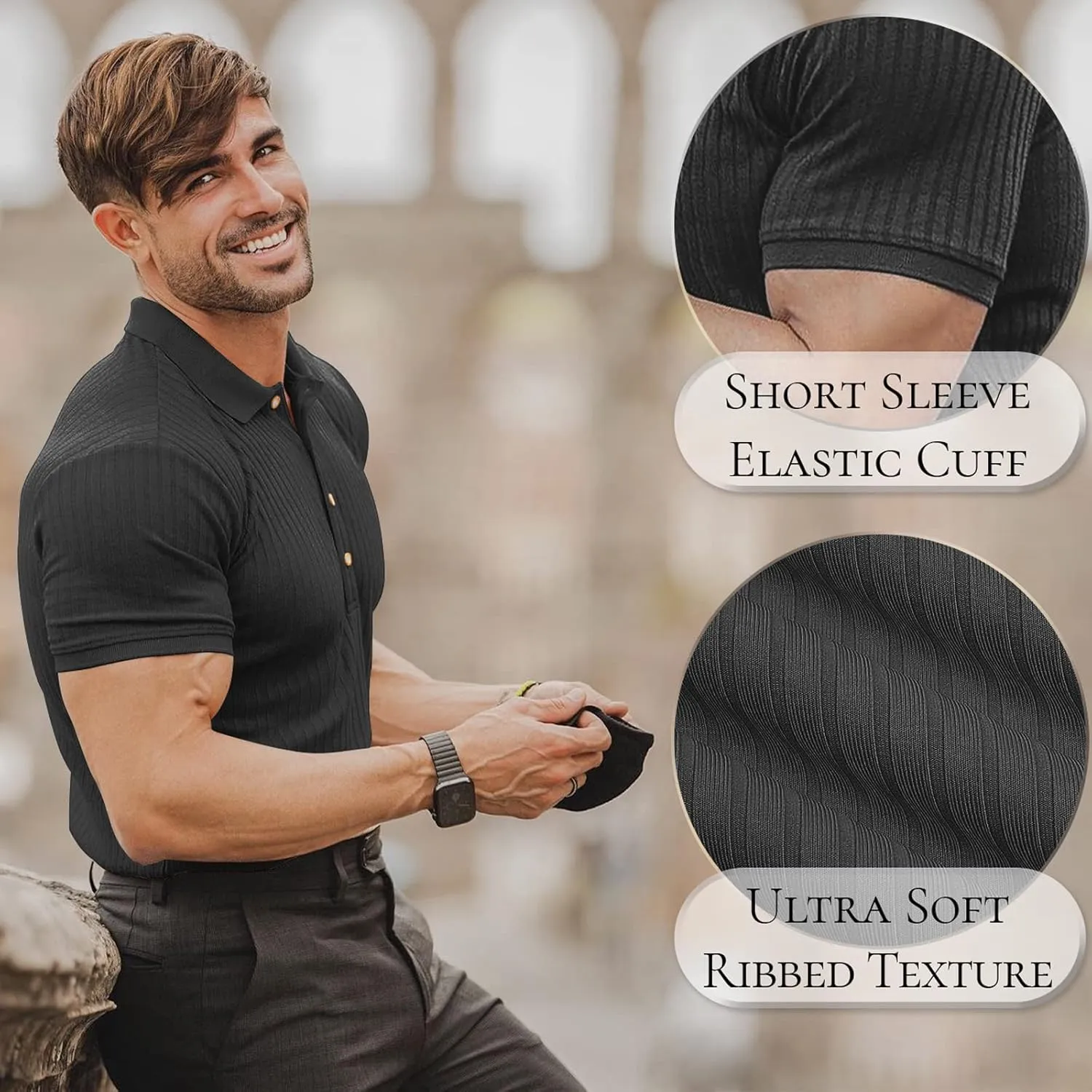 Muscle Polo Shirts for Men Short Sleeve Slim Fit Golf Shirts for Men Casual Dry Fit T Shirts Ribbed Knit Bowling Shirts