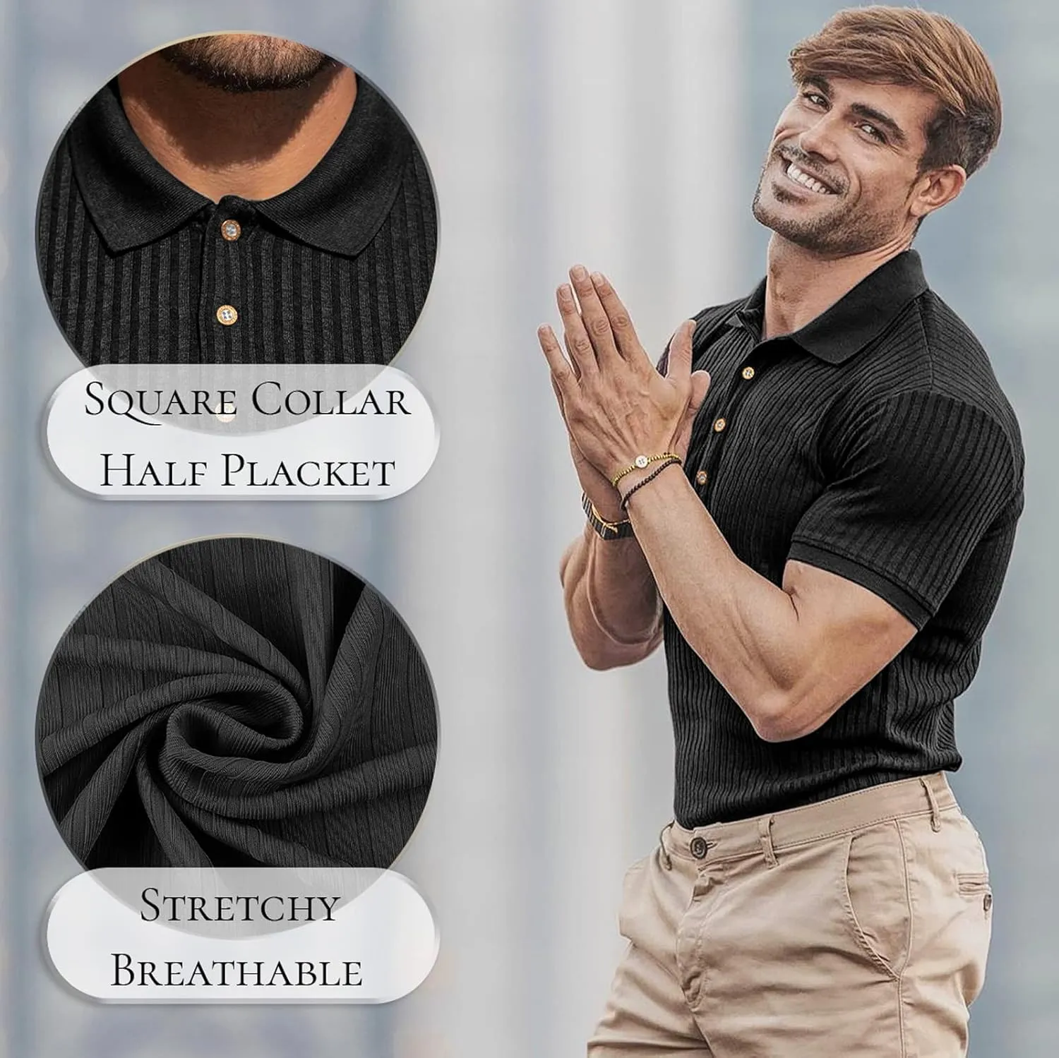 Muscle Polo Shirts for Men Short Sleeve Slim Fit Golf Shirts for Men Casual Dry Fit T Shirts Ribbed Knit Bowling Shirts