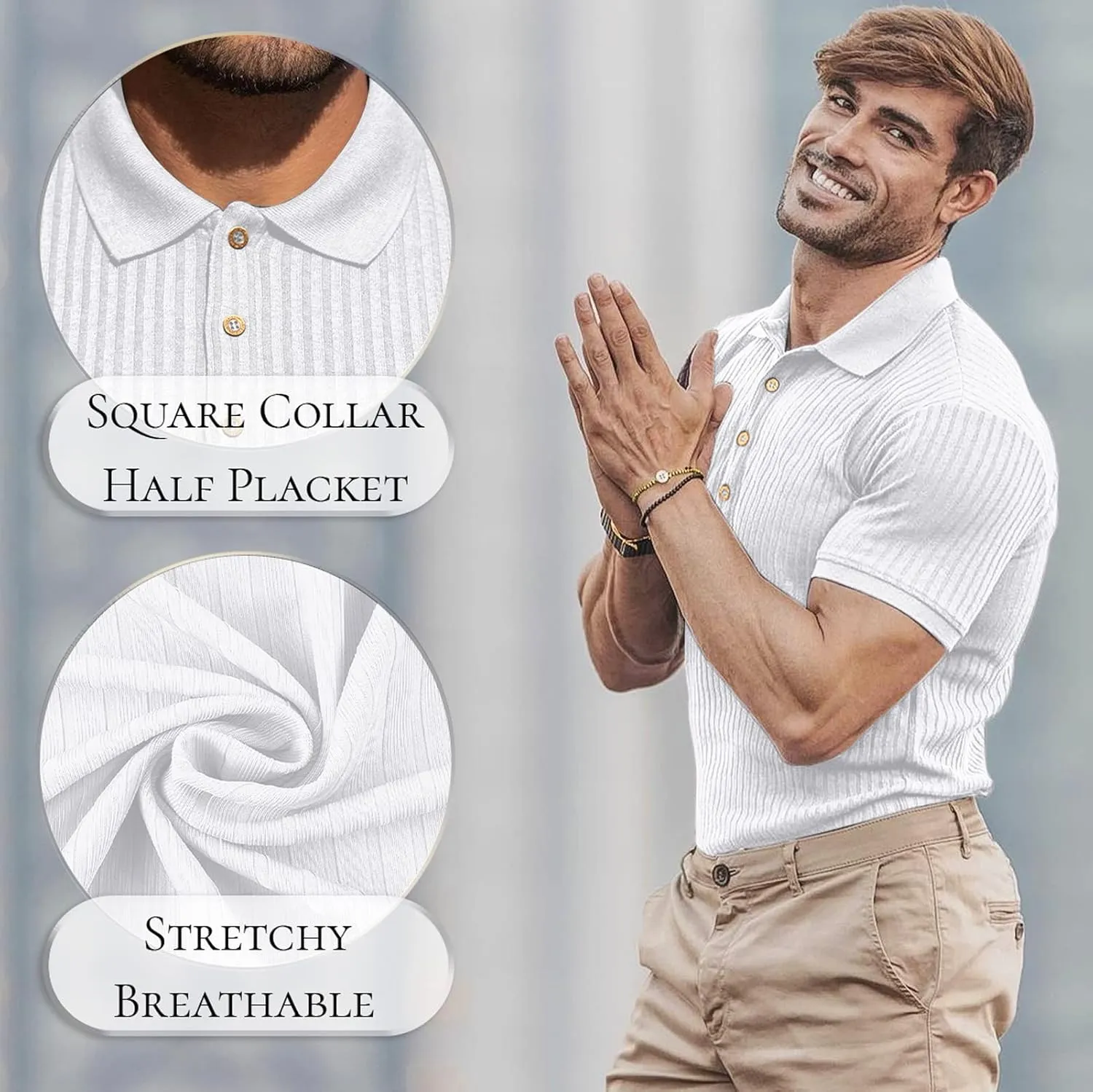 Muscle Polo Shirts for Men Short Sleeve Slim Fit Golf Shirts for Men Casual Dry Fit T Shirts Ribbed Knit Bowling Shirts