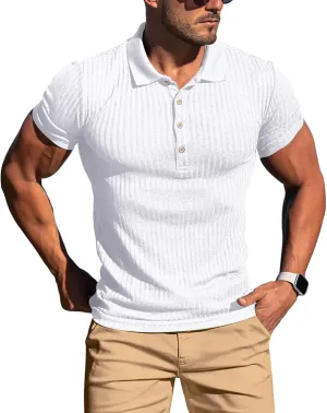Muscle Polo Shirts for Men Short Sleeve Slim Fit Golf Shirts for Men Casual Dry Fit T Shirts Ribbed Knit Bowling Shirts