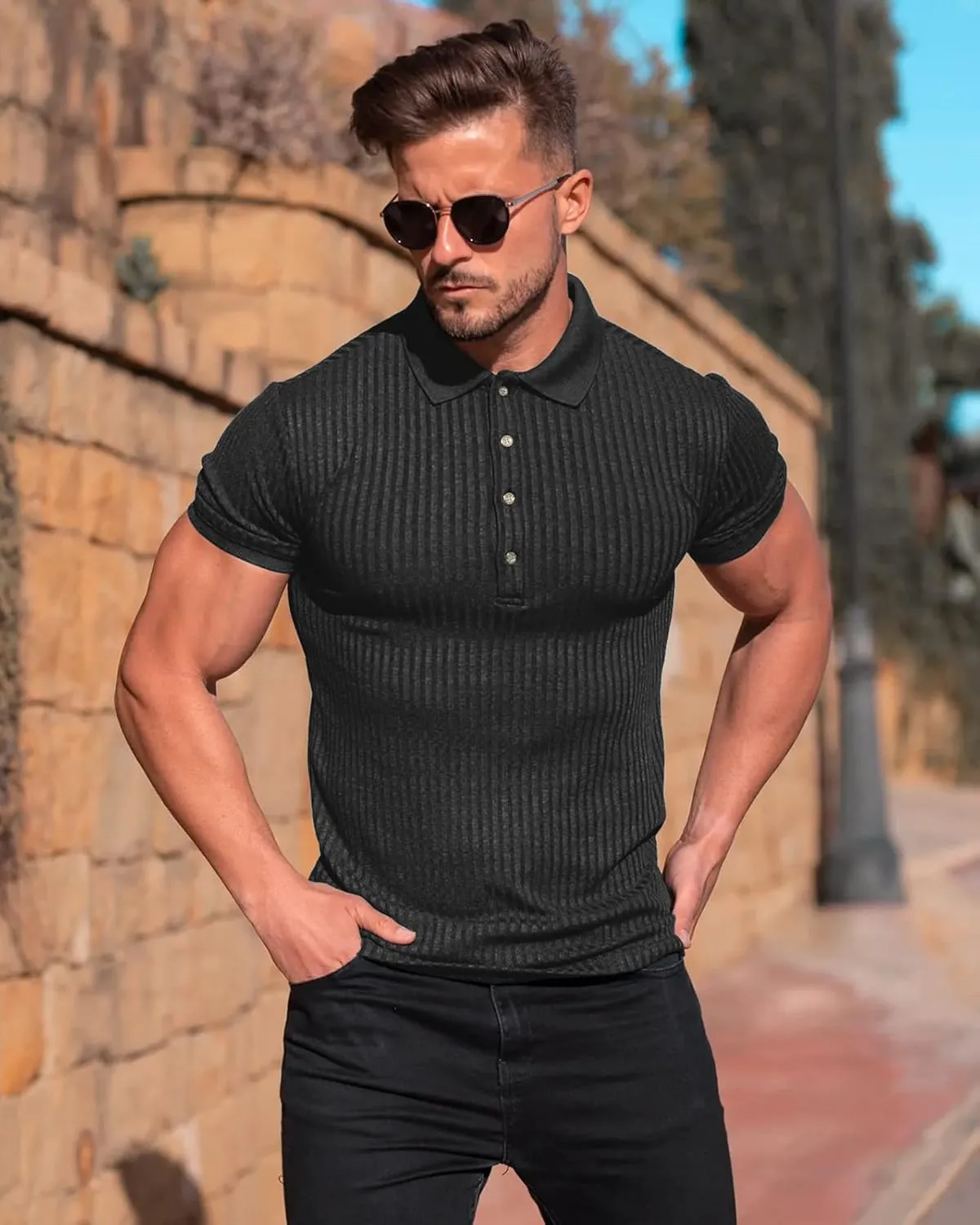 Muscle Polo Shirts for Men Short Sleeve Slim Fit Golf Shirts for Men Casual Dry Fit T Shirts Ribbed Knit Bowling Shirts